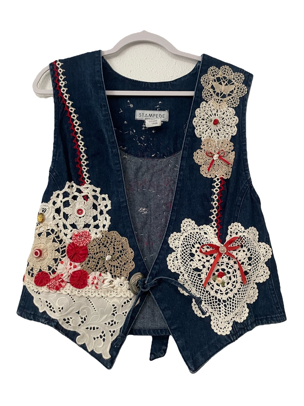 Stampede Denim Vest with Crochet Lace & Red Accents
